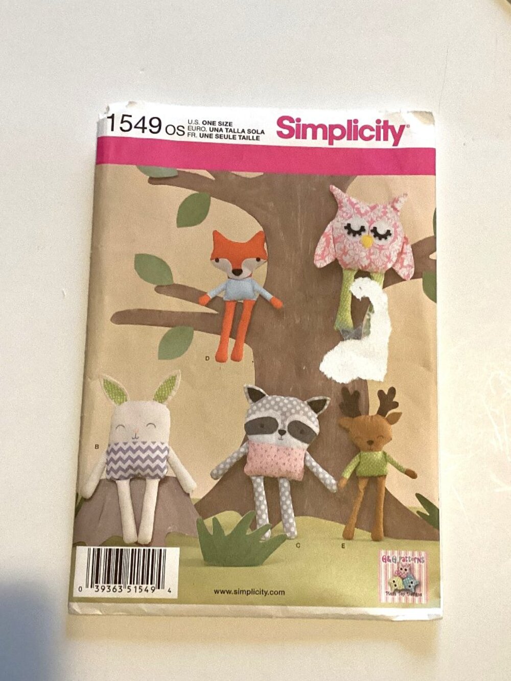 Simplicity #1549 Children's Stuffed Animal Pillow Sewing Pattern Bunny Owl
